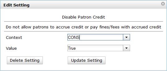 Disable Patron Credit Library Setting