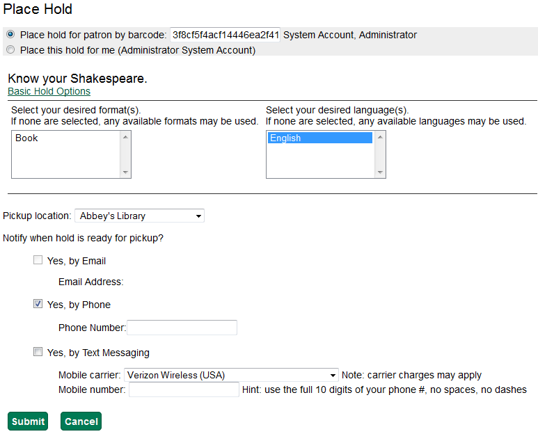 Place Hold screen with Advanced Options